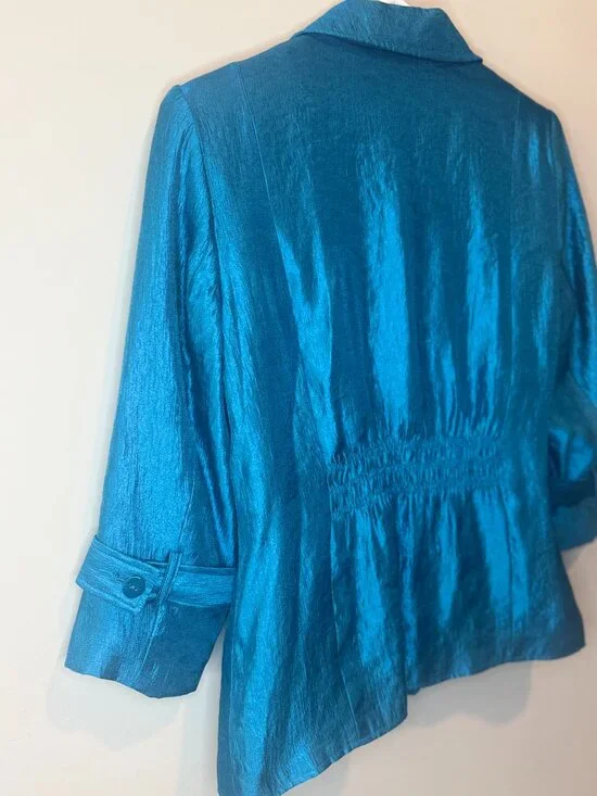 Joan Rivers Blazer Womens S Metallic Blue Rayon Blend 3/4 Sleeve Pockets - Picture 7 of 8
